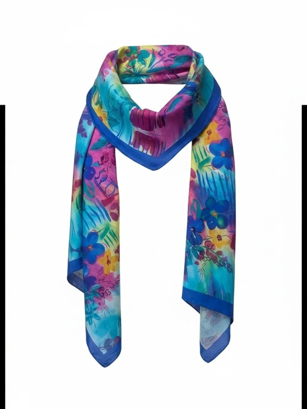 Vintage 100% Silk Vibrant Floral Multicolor Silk Scarf